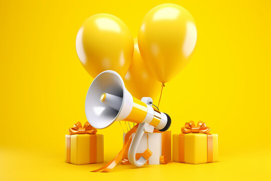 megaphone gift boxes and balloons on yellow background black friday
