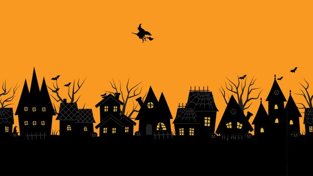 Halloween animation. Spooky village. Black silhouettes of houses and trees on orange background. Witch flying on broomstick. Bats, pumpkins here