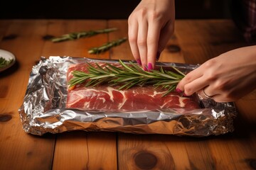 Woman wrapping meat with rosemary in aluminum foil. Raw food pack with culinary herb. Generate Ai - obrazy, fototapety, plakaty