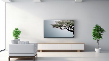 A sleek, modern LCD television mounted flush on a pristine white wall, reflecting minimal ambient light.