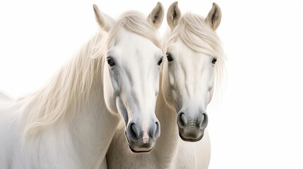 A Majestic Pair: White Stallion and Mare Galloping in a Group of Domestic Animals generated by AI tool 