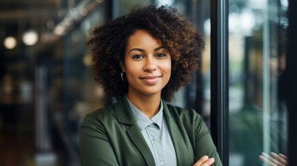 Fototapeta premium smiling african american businesswoman looking at camera in office Generative AI