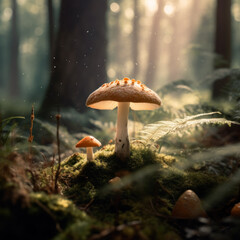 Magical mushrooms in the forest. Bokeh background.