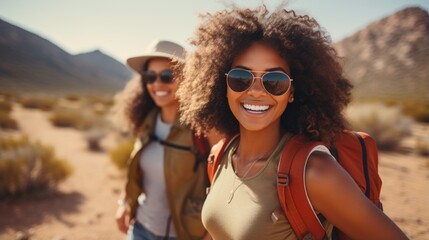 Portrait of two afro american women with backpacks in the desert Generative AI