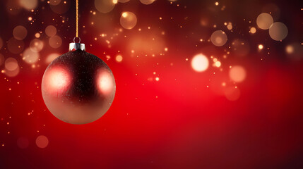 Red christmas background. A christmas ball hanging with sparkles of light behind.