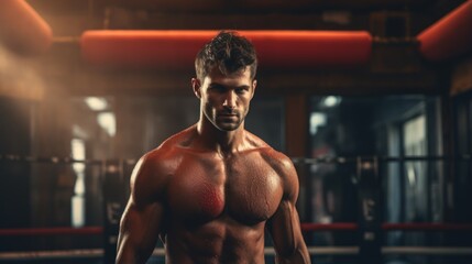 Portrait of a handsome young man with muscular body posing in gym Generative AI