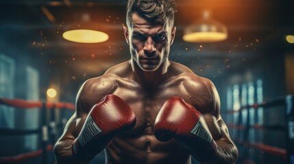 Fototapeta na wymiar Boxer in red boxing gloves on dark gym background. Mixed media Generative AI