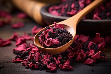 Wooden spoon with dry hibiscus tea closeup. Medicine color organic drink natural. Generate Ai - obrazy, fototapety, plakaty