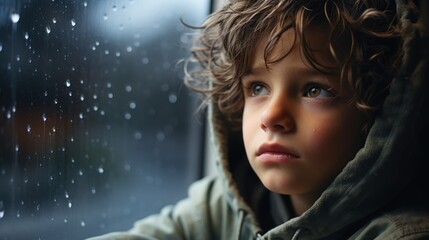 Portrait of a cute little boy looking through the window at the rain Generative AI
