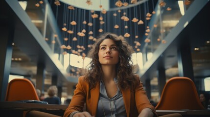 Portrait of a beautiful young woman in a cafe. Girl with curly hair. Generative AI