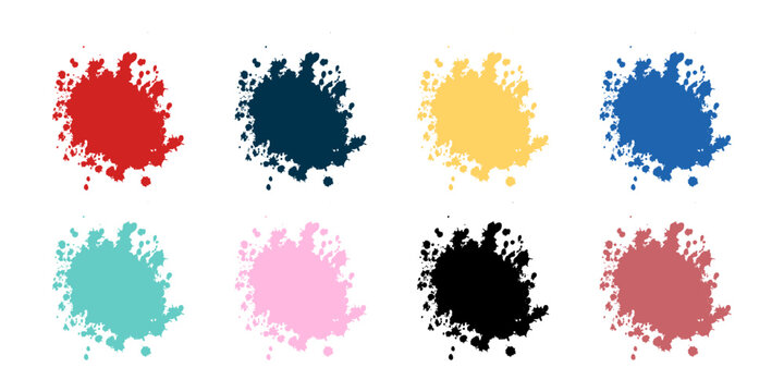 Colorful paint splattered for graphic design, text fields. Artistic texture of ink brush strokes, splatter stains, callout. Paintbrush, stroke vector set.