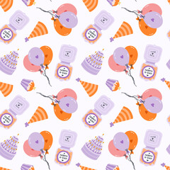 Seamless pattern with birthday party hat, balloon, cake, bento cupcake in cute doodle style. Design with holiday clipart for wrapping paper, print, fabric, scrapbook. Bright festive background.