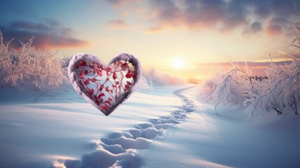 A snowy landscape with a heart imprint filled with winter flowers.