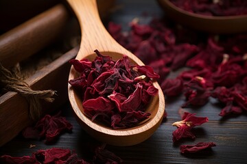 Wooden spoon with dry hibiscus tea detox. Organic natural drink herb. Generate Ai - obrazy, fototapety, plakaty