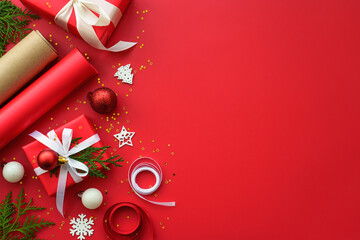 Christmas Present box and decorations at red background. Wrapping christmas present. Flat lay image.