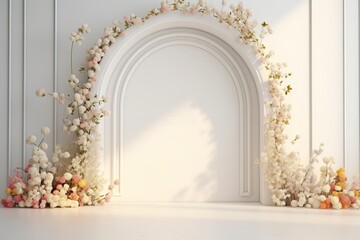 Fototapeta premium white room with an arch and flowers on the wall wedding or event background