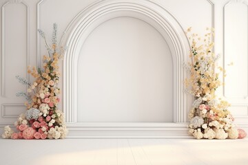 Fototapeta premium white room with an arch and flowers on the wall wedding or event background