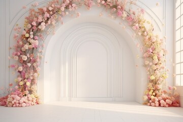 white room with an arch and flowers on the wall wedding or event background