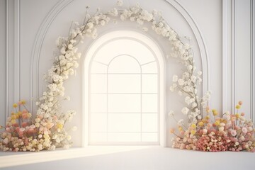Fototapeta na wymiar white room with an arch and flowers on the wall wedding or event background