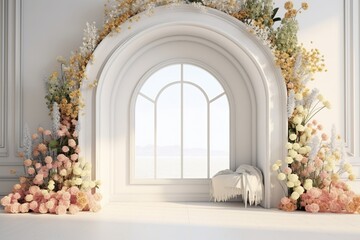 white room with an arch and flowers on the wall wedding or event background