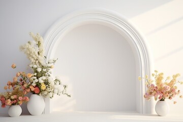 white room with an arch and flowers on the wall wedding or event background