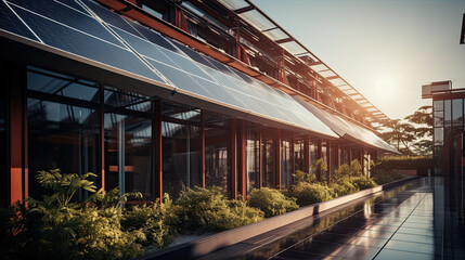 Fototapeta premium A modern building embraces renewable energy with sleek solar panels