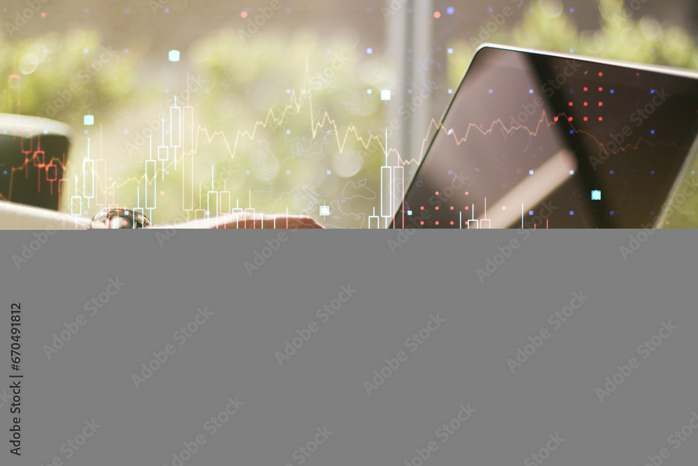 Aufkleber multi exposure of abstract financial diagram with hand typing on computer keyboard on background, ba