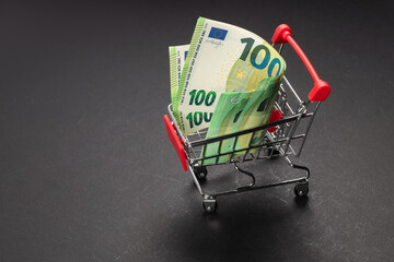 100 euro banknote in mini shopping trolley. Shopping cart concept or rich business.