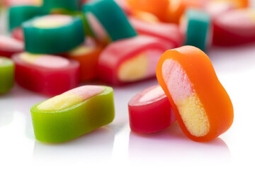Colorful gummy jelly candies on white. Jelly sweets