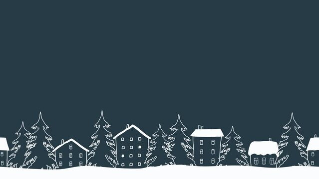 Christmas animation. Winter landscape passing by. Happy new year moving background. White silhouettes of houses and fir trees on dark blue background