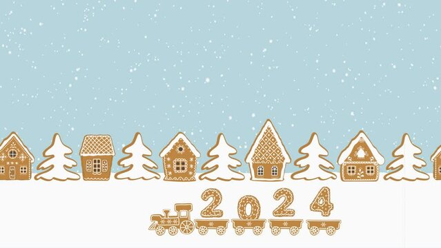 Christmas animation. Gingerbread village. Fairytale winter landscape. Gingerbread houses and fir trees on blue. Train with Christmas cookies in the form of numbers of the 2024 year rides past houses