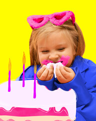 Cute, happy baby girl, child celebrating birthday, eating cake against yellow background. Contemporary art collage. Concept of birthday