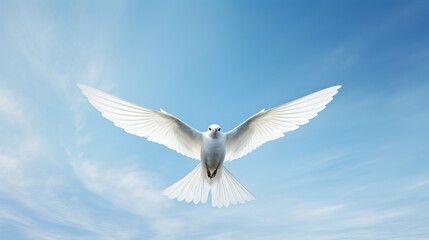 A solitary white bird takes flight against a clear blue sky, capturing a moment of freedom and beauty.
