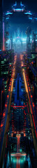 Futuristic cyberpunk urban cityscape, Neon Lights, 
traffic in the city