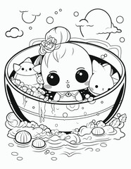 Cute creepy kawaii coloring page for kids with vintage floral, Black and white illustration