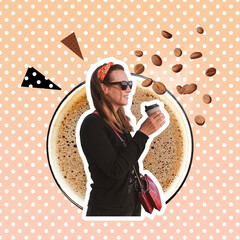 Creative digital collage stylish young woman in bandana hot coffee cup flying beans steam pastel gradient polka dot background. Contemporary style funky trendy graphic montage Coffee house advertising