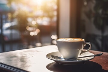 Obraz premium Morning indulgence. Vintage cup of aromatic cappuccino on wooden table. Cafe comfort. Close up of fresh with frothy milk and espresso
