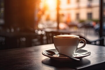 Fototapeta premium Morning indulgence. Vintage cup of aromatic cappuccino on wooden table. Cafe comfort. Close up of fresh with frothy milk and espresso