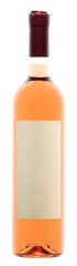 Rose wine bottle with white etiquette on white copy space