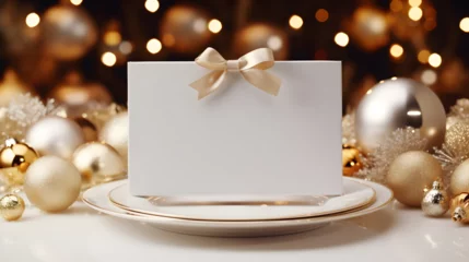Fotobehang carte d'invitation vierge pour une fête du nouvel an avec décoration blanche et dorée © Fox_Dsign