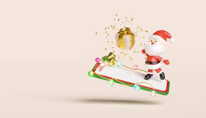 3d Santa claus with smartphone, Jingle bell, holly berry leaves, glass transparent lamp garlands, gift box, party banner. merry christmas and happy new year, online shopping, 3d render illustration