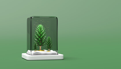 christmas cube glass dome with christmas tree, star. merry Christmas and festive New Year, 3d render illustration