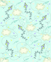 Cartoon kites. Wind flying toy with ribbon and tail for kids. Clouds and rainbow kite shape and design, vector set. Illustration wind kite game, flying pattern.
