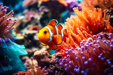 Clown anemonefish (Amphiprion ocellaris) in the coral reef - obrazy, fototapety, plakaty