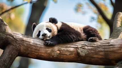 Giant panda sleeping on a tree branch