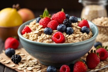 Oatmeal with fruits and berries. Healthy fitness breakfast. Proper nutrition. Healthy lifestyle concept. Generative Ai.
