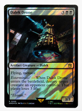 Hamburg, Germany - 10312023: photo of the english Magic The Gathering rare card called Dalek Drone from the 2023 doctor who set.