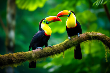 Toucan couple on the branch in the forest. Wildlife scene from nature.