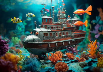 Lustiges Spielzeug Uboot in einer Spielzeug Wasserwelt - obrazy, fototapety, plakaty