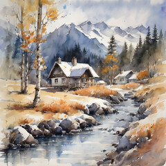 Watercolor illustration of a mountain village in winter